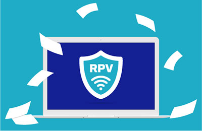 A laptop surrounded by sheets of paper displaying a VPN shield