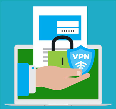 A laptop with hand holding document with password field, lock, and VPN shield on screen