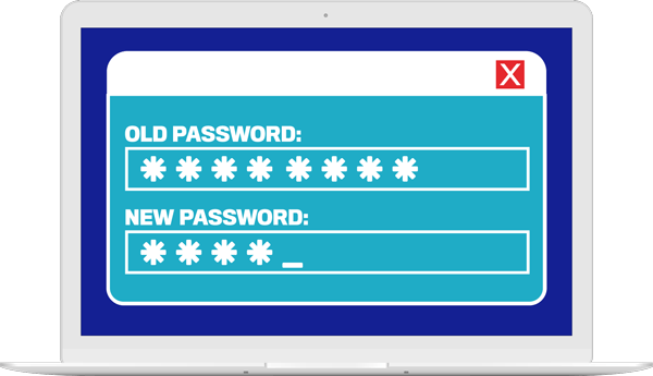 A laptop with, on screen, window named Your home network with old password and new password fields