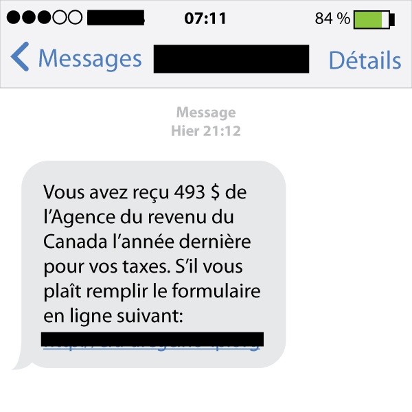 hameçon par message texte - description détaillée suit immédiatement