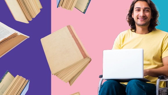 une personne avec un ordinateur portable contre un arrière-plan de livres