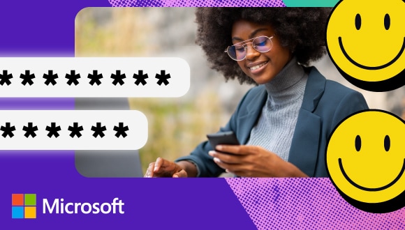 une personne regarde son téléphone, deux mots de passe, le logo de Microsoft; texte: Microsoft
