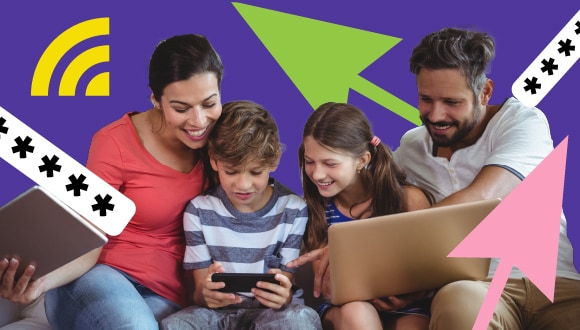 a family looking at a child's phone, with passwords and Wi-Fi symbols