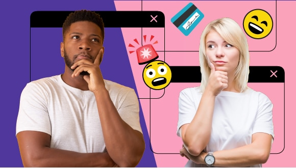 deux personnes à l'aire incertaine, contre un arrière-plan de fenêtres de dialogue, et des emojis de sirène de police, carte de crédit, une visage heureuse et une visage consternée