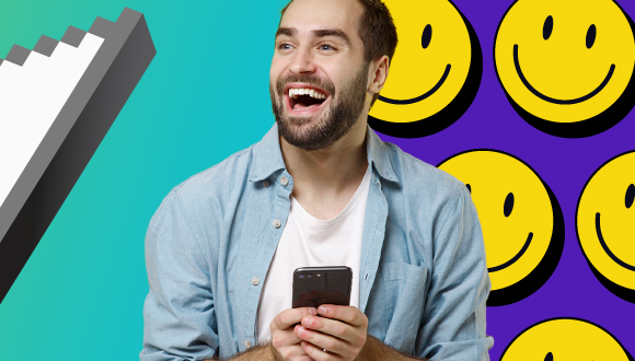 une personne avec un téléphone, avec des visages souriantes jaunes en arrière-plan