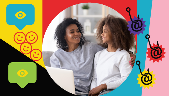 a parent and older child sitting together, with fish hooks, happy faces and eye notifications