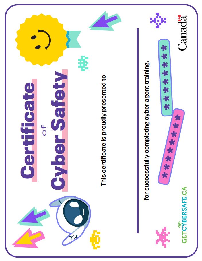 yellow happy face ribbon, Cybot's smiling head, cursor arrows and password fields, with text: This certificate is proudly presented to blank for successfully completing cyber agent training. 