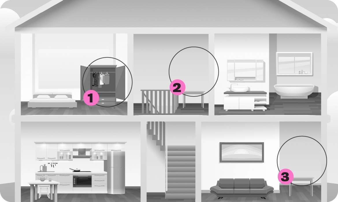 vue intérieure d'une maison avec trois emplacements encerclés - Emplacement 1: dans un placard, Emplacement 2: Au centre de la maison, Emplacement 3: sur une table près d'une fenêtre
