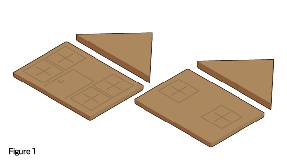 Figure 1, front and back walls and front and back upper triangle walls of gingerbread house laid flat