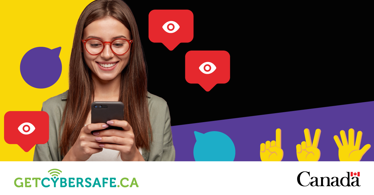a person looks at a phone, with pointing hand, peace-sign hand and waving hand emojis, text bubbles and view notifications