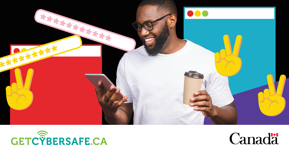 a person holding a coffee and looking at a phone, with peace-sign hand emojis, dialogue windows and passwords