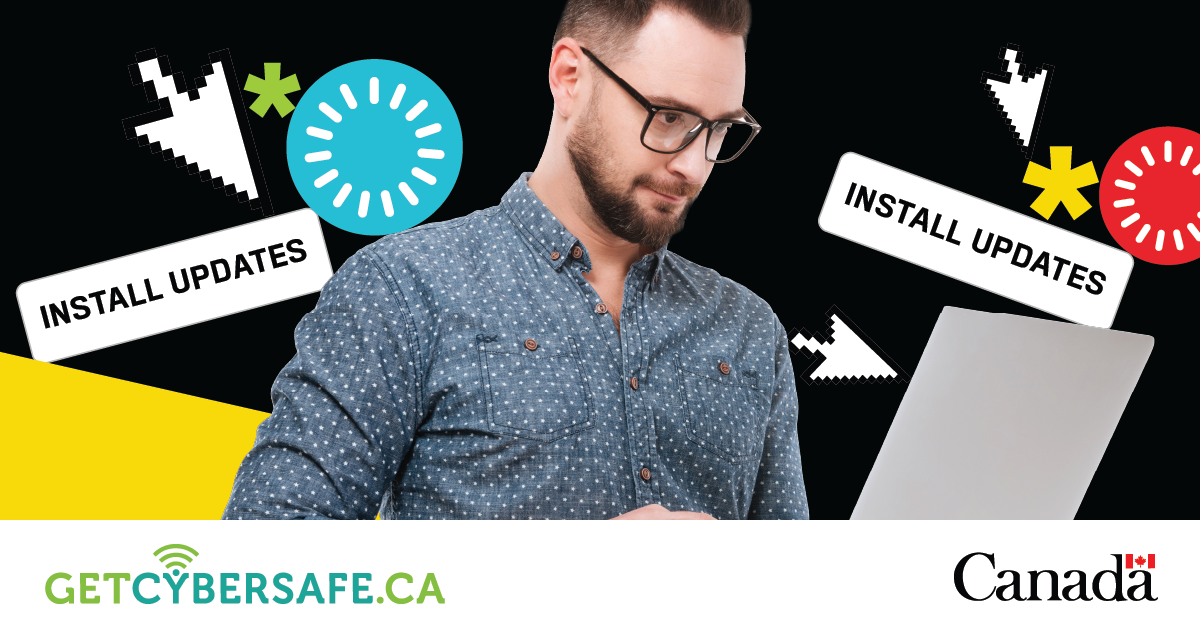 a person holds a laptop, with update circles, cursors, and Install Updates stickers