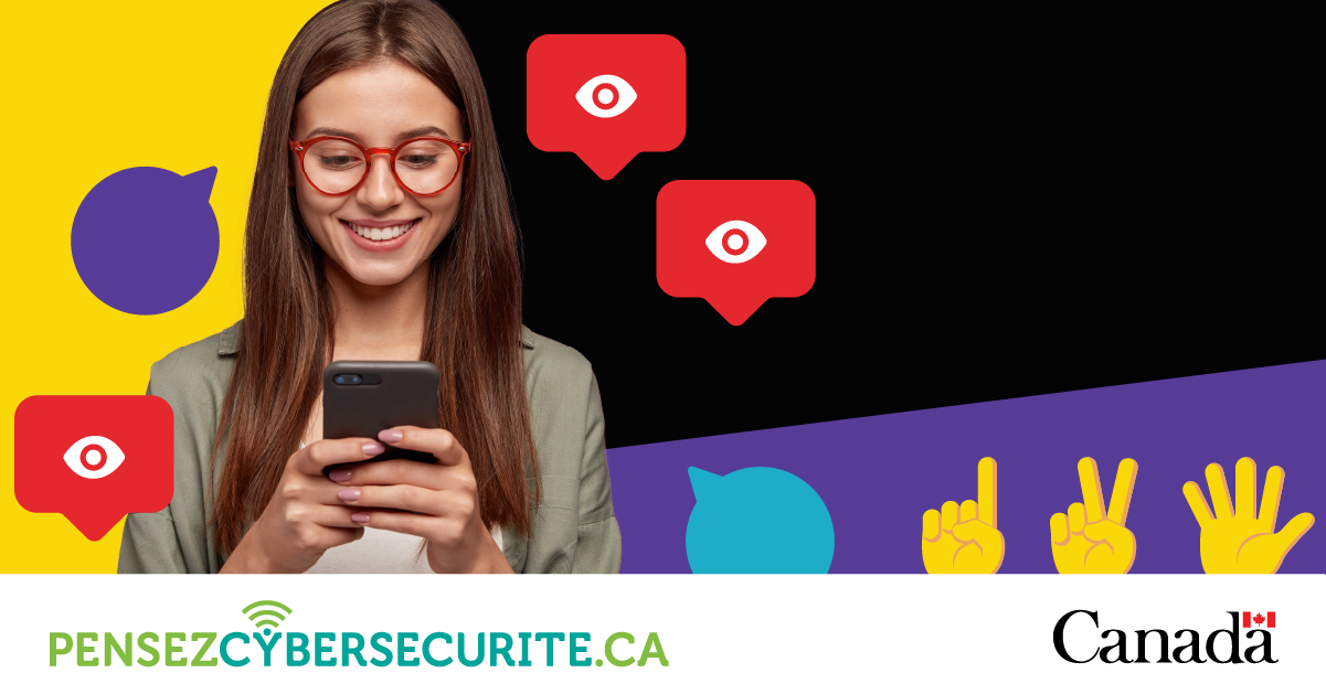 une personne regarde un téléphone, avec des emojis de main pointant du doigt, main faisant geste de paix, et une main agitante, des bulles de parole et des notifications de visionnement