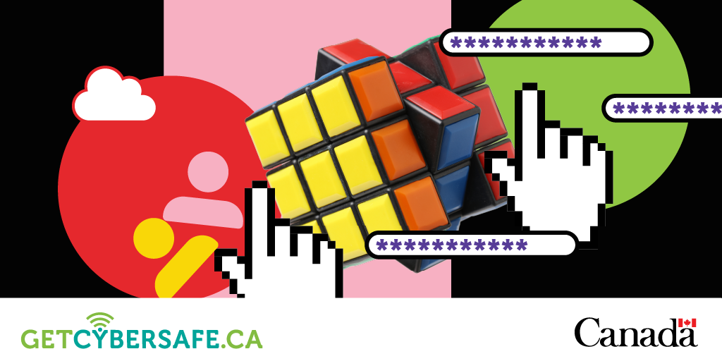 an almost-solved Rubik's Cube, with passwords, contact silhouettes and cursor hands