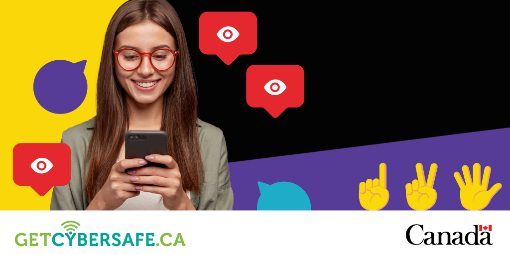 a person looks at a phone, with pointing hand, peace-sign hand and waving hand emojis, text bubbles and view notifications