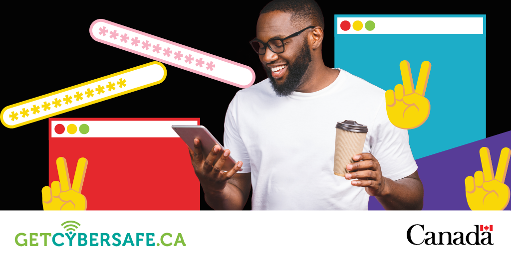 a person holding a coffee and looking at a phone, with peace-sign hand emojis, dialogue windows and passwords