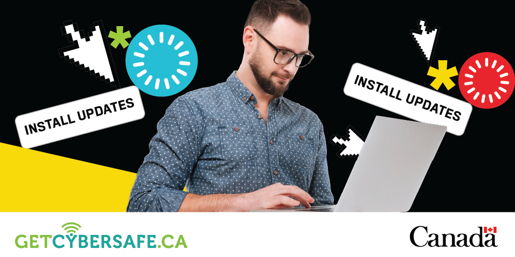 a person holds a laptop, with update circles, cursors, and Install Updates stickers