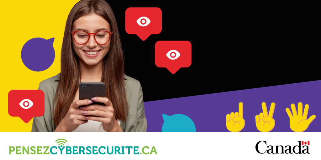 une personne regarde un téléphone, avec des emojis de main pointant du doigt, main faisant geste de paix, et une main agitante, des bulles de parole et des notifications de visionnement