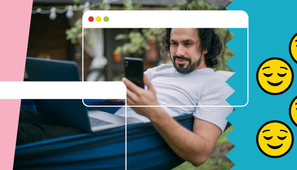 une personne dans un hamac avec un ordinateur portable et un téléphone, avec des emojis souriantes