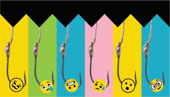 des hameçons qui ont attrapé des visages emojis