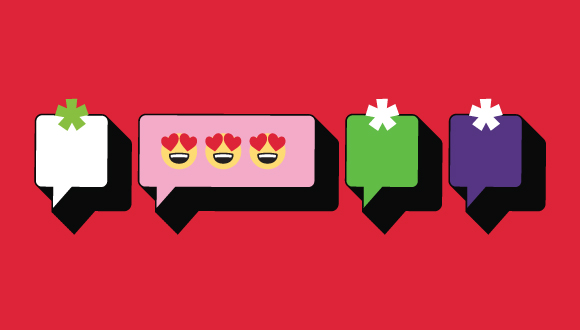 "chat bubbles with asterisks to make them look like gifts, with a chat bubble with three heart-eye emojis in it"