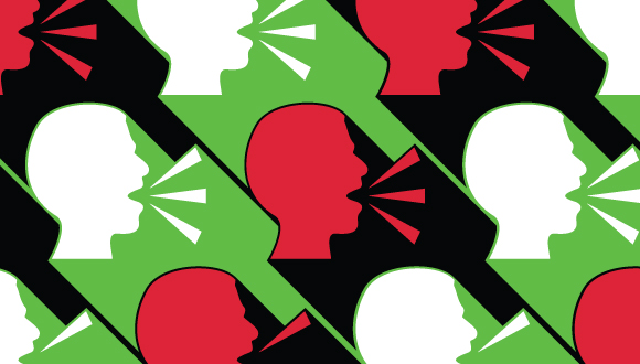 "stylized talking heads in red and white against a black and green background"