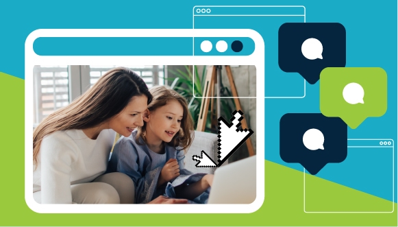 une maman et enfant dans une fenêtre de dialogue qui regardent ensembles un ordinateur portable, avec des curseurs et des notifications de clavardage