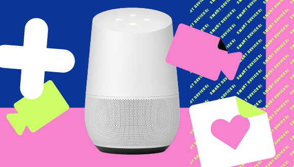 a smart speaker, with coloured shapes; text: Smart Devices