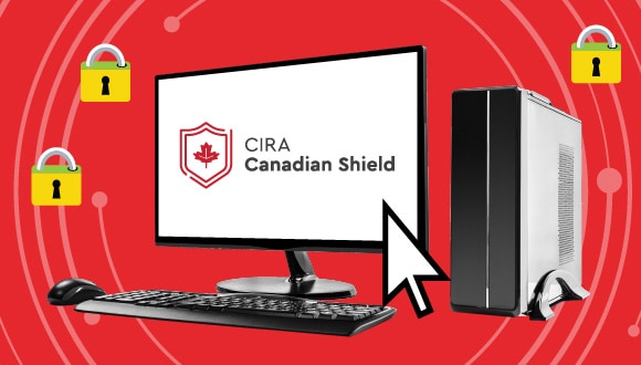 un ordinateur avec le logo du Bouclier canadien de CIRA sur l'écran; des cadenas et un curseur