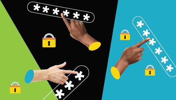 des cadenas et des mains qui pointent du doigt à des mots de passe;