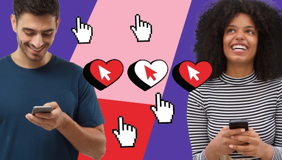 "deux personnes avec des téléphones, avec curseurs en forme de main et des coeurs avec curseurs en forme de flèche dedans"