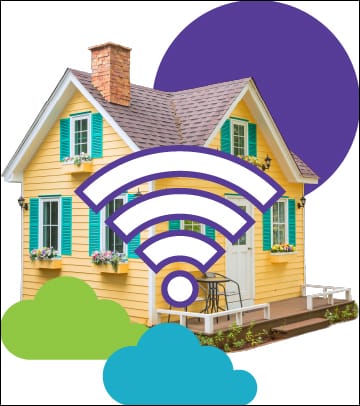 "une maison, des nuages et un symbole Wi-Fi"