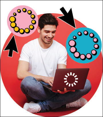 "une personne assise avec un ordinateur portable, avec des cercles de mise-à-jour et des curseurs en forme de flèche"