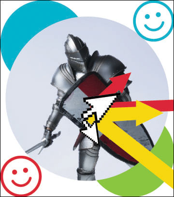 "un chevalier en pleine armure, bouclier et épée, avec des flèches qui rebondissent de son bouclier, et des emojis de visages souriantes dans deux coins"