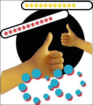 "two hands giving thumbs up, passwords and update circles"