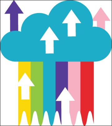 "un nuage avec un arc-en-ciel et des flèches qui pointent en haut"